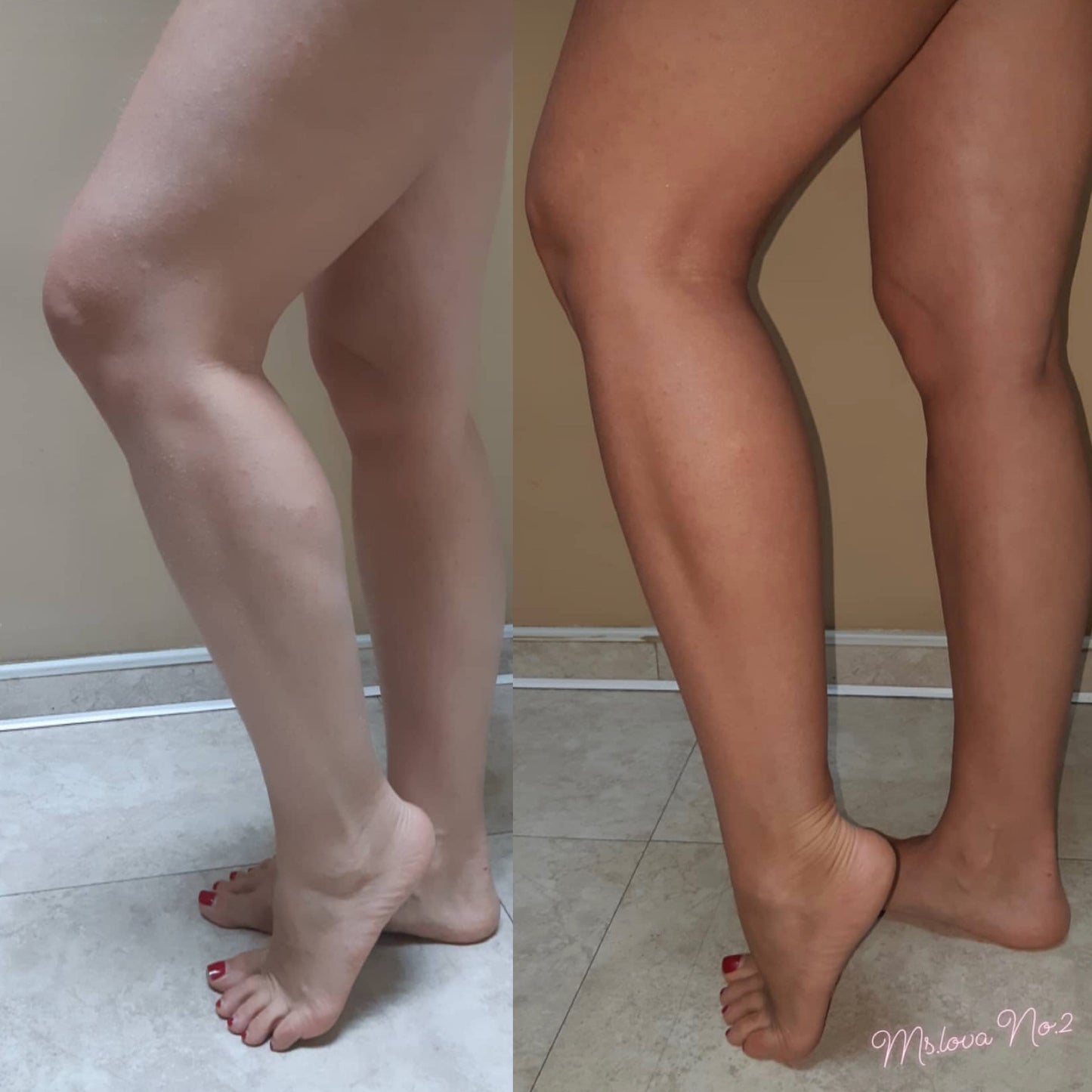 Before and after result using Ms.Lova No.2 12% DHA professional spray tan solution, showing a rich bronze tan on medium skin tones.