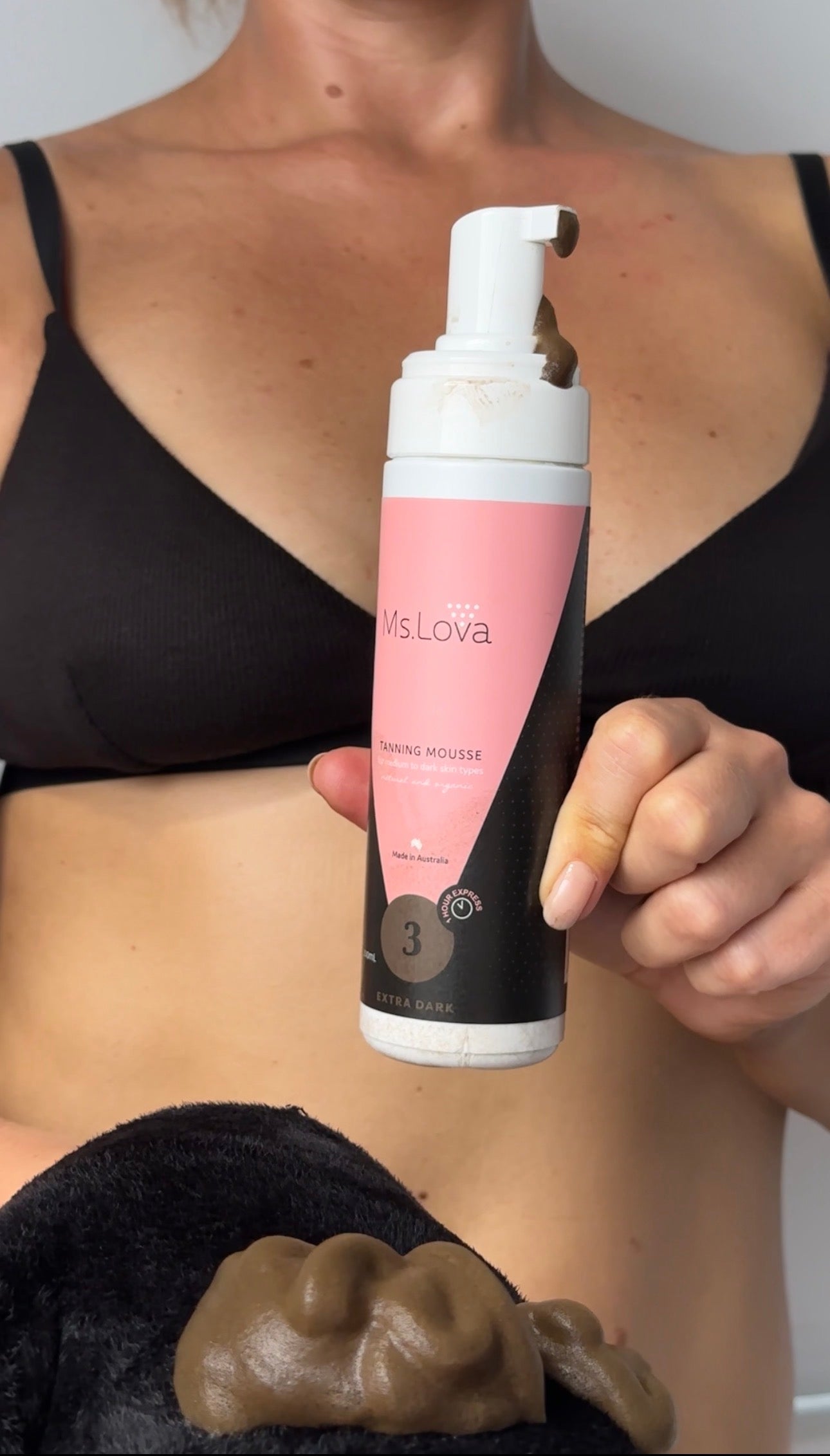 Ms. Lova express self tanning mousse with rich foam texture for streak-free application.