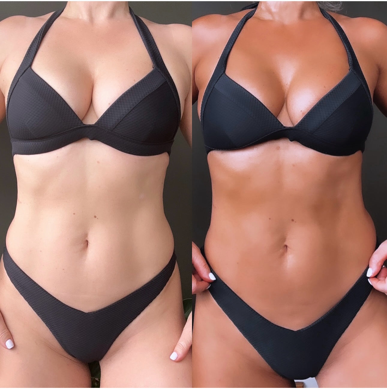 Before and after result using Ms. Lova Extra Dark Tan Mousse for a deeper, even-looking tan on the body