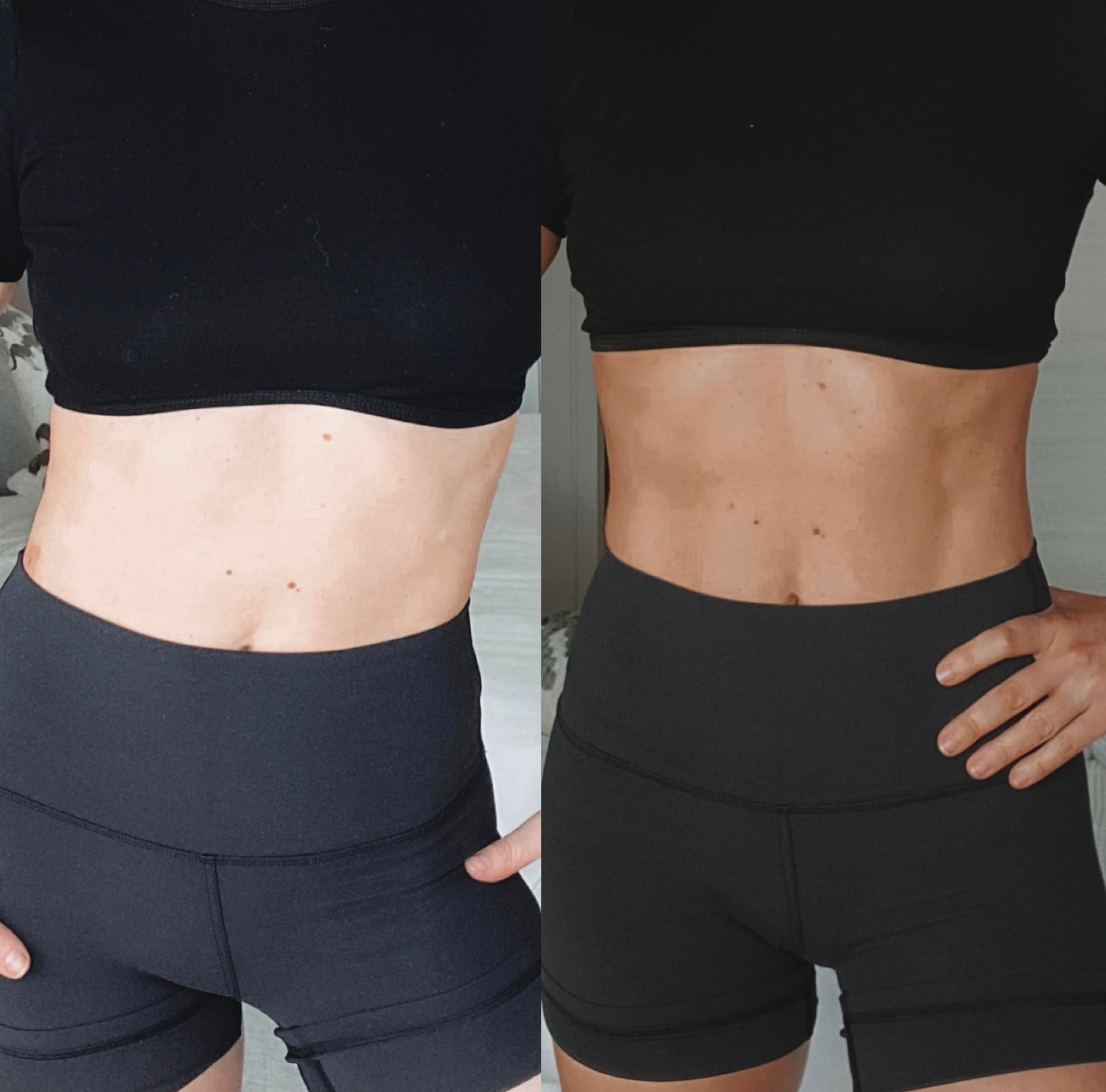 Before and after torso result using Ms. Lova Extra Dark Tanning Mousse for a deeper, even-looking tan.