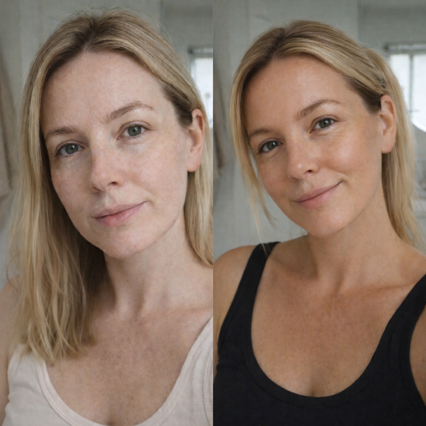 Before and after face result using Ms. Lova Face Tan Water showing a natural, even glow