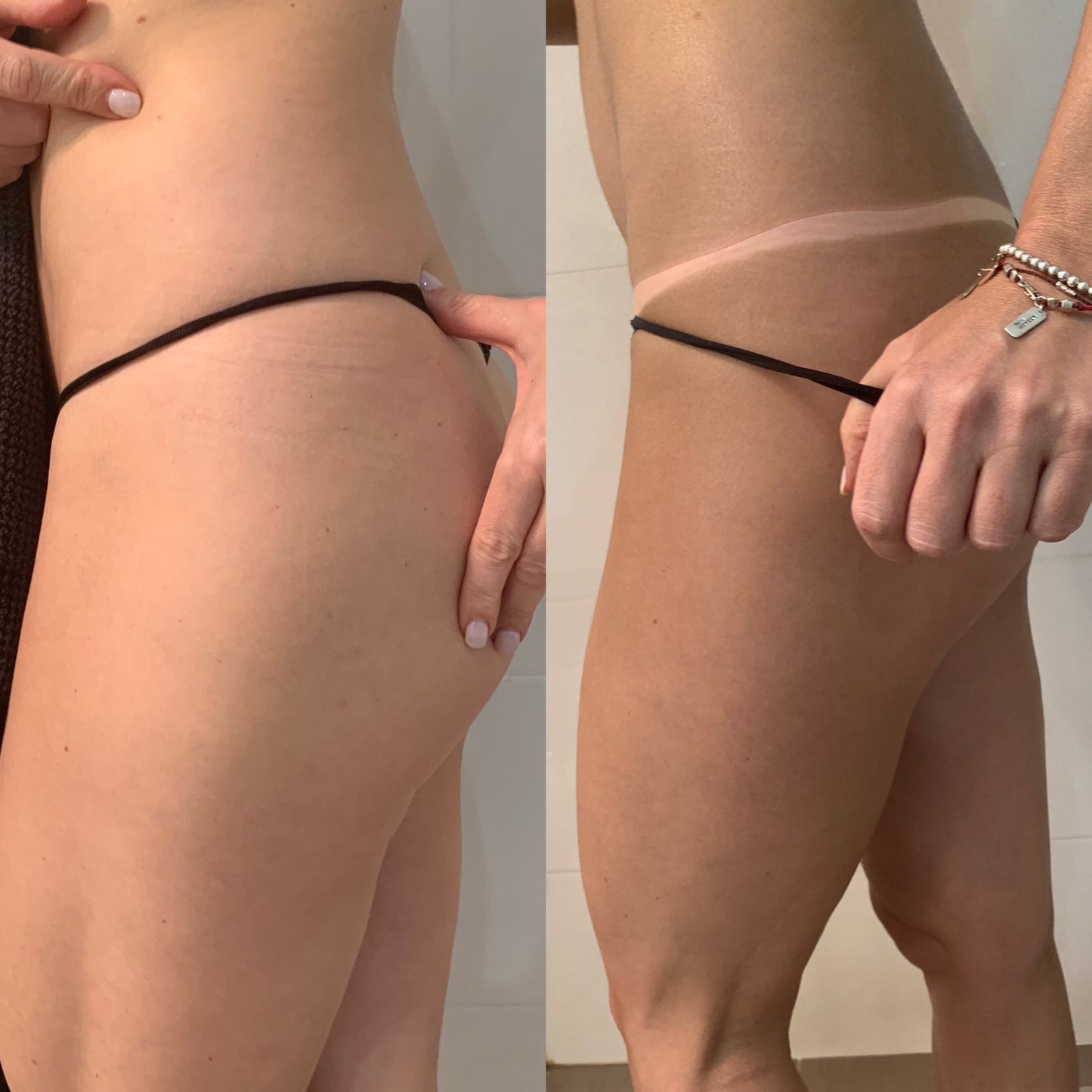 Ms.Lova No.1 10% DHA professional spray tan solution before and after result on fair to medium skin tones showing a natural olive tan with a green base.