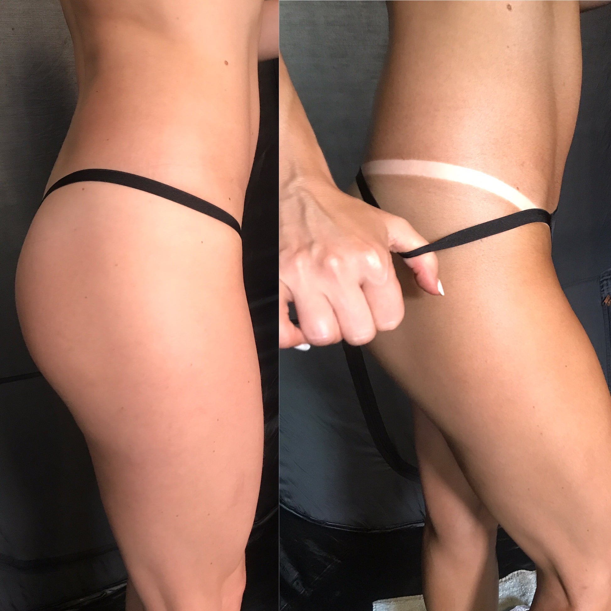 Ms.Lova No.2 12% DHA professional spray tan solution before and after result with a rich bronze finish and even fade.