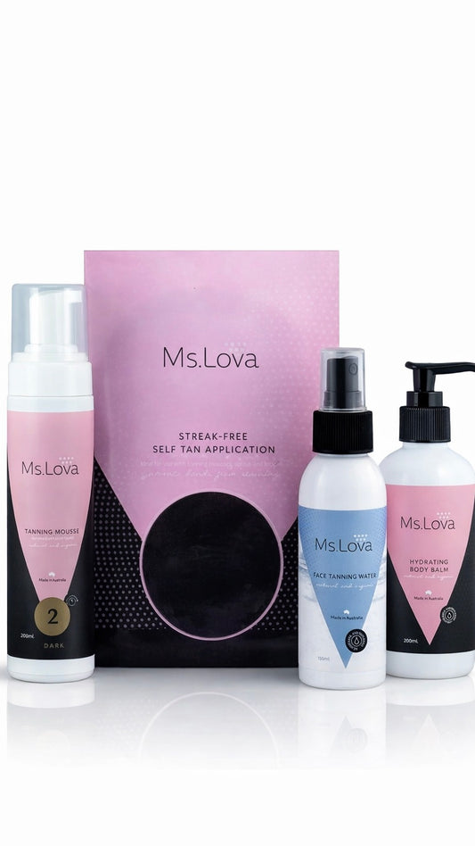 Ms. Lova self tanning routine set with tanning mousse, body balm, face tan water and application mitt for a smooth streak-free glow.