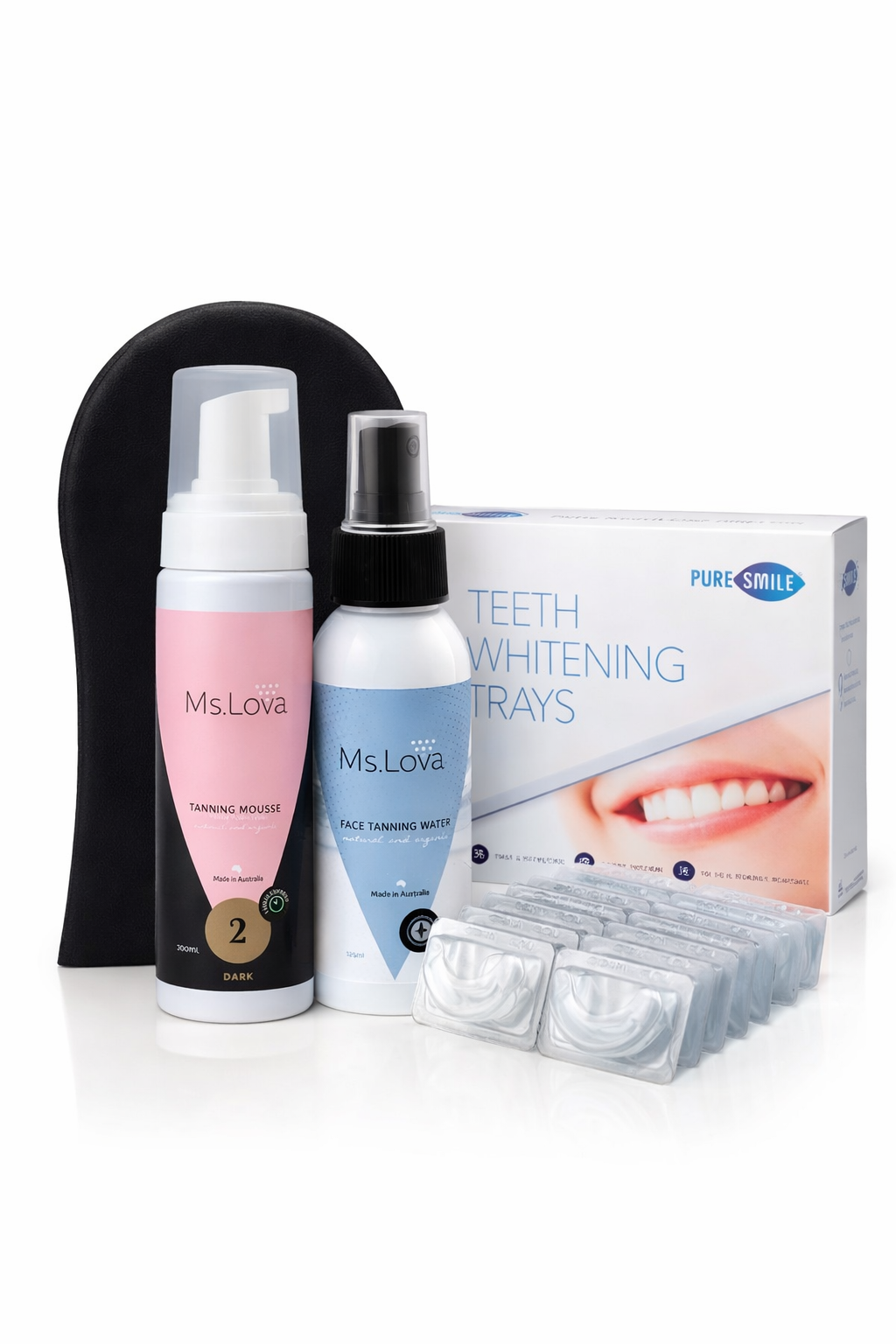 Ms. Lova self tan and teeth whitening bundle for a radiant glow and brighter smile.