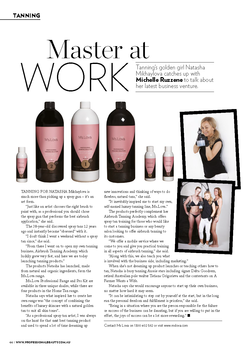 Professional Beauty magazine feature showcasing Ms.Lova Tan self tanning products and founder Natasha.