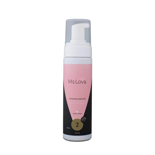 Ms. Lova Dark Tanning Mousse No.2 bottle shown on a clean background for a natural-looking deep tan.