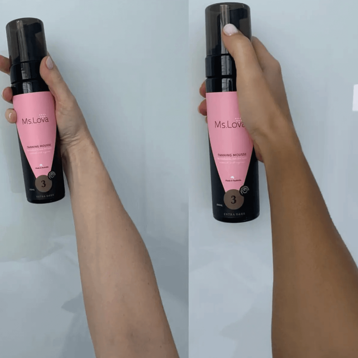 Before and after arm result using Ms. Lova Extra Dark Tan Mousse for a deeper, even-looking tan.