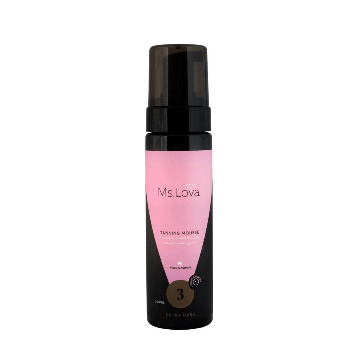 Ms. Lova Extra Dark Tan Mousse bottle shown on a neutral background for a deep, even self-tan result.