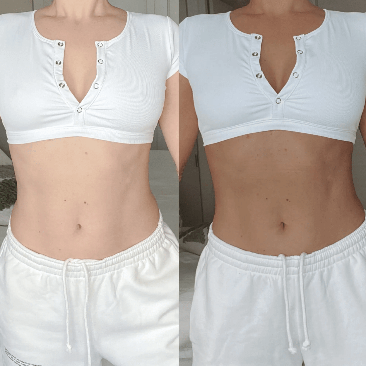 Before and after result using Ms. Lova Light Express Tanning Mousse No.1 on fair skin showing a natural even glow.