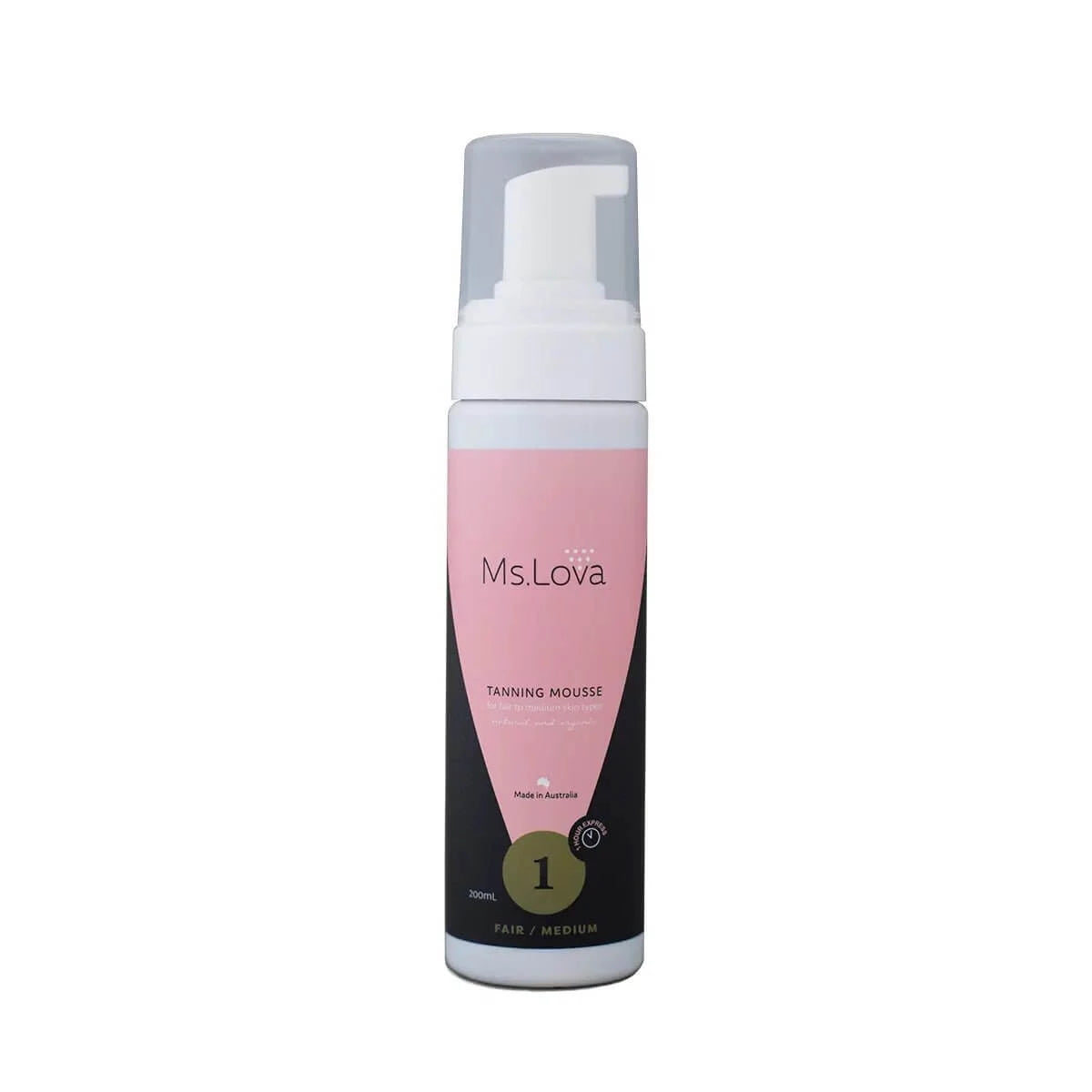 Ms. Lova Light Express Tanning Mousse No.1 for fair skin tone delivering a natural even glow without orange undertones.
