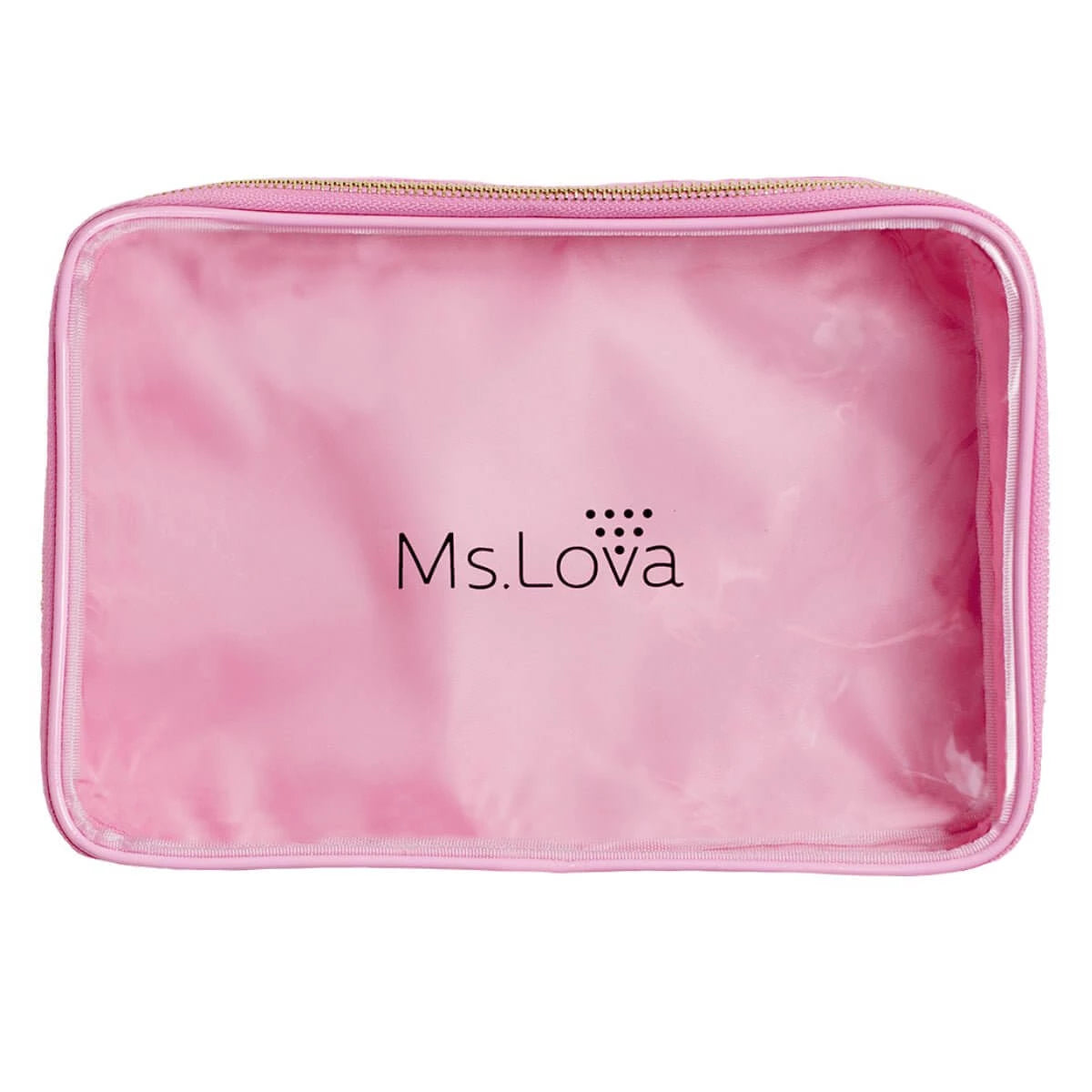 Pink transparent Ms.Lova travel pouch for storing tanning, skincare and beauty essentials