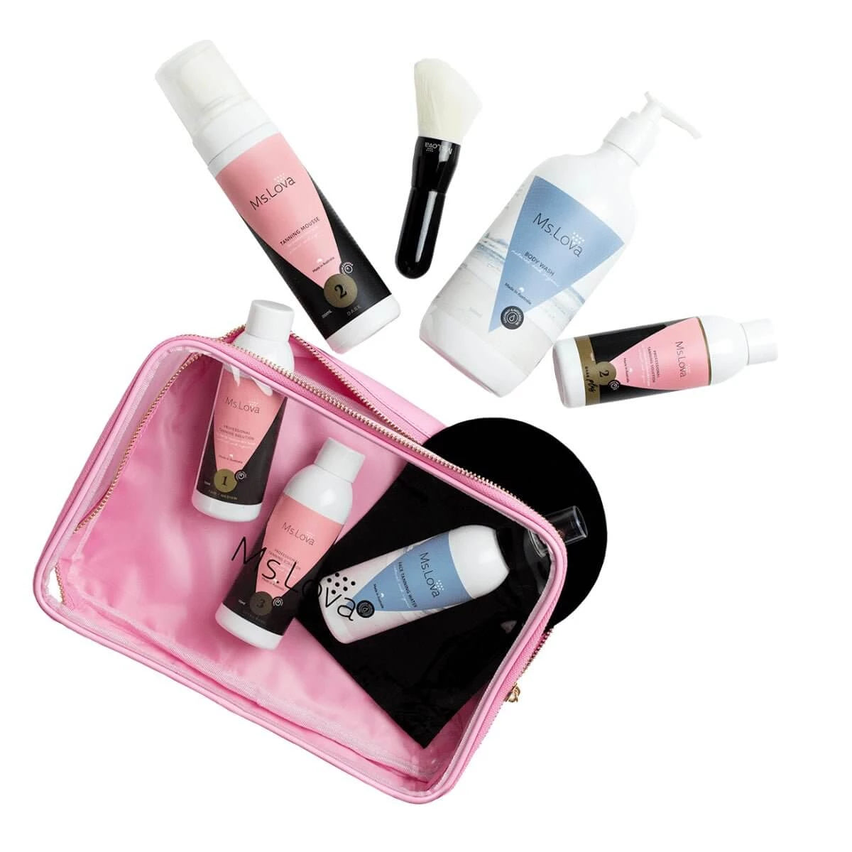 Ms.Lova travel pouch filled with self tanning and skincare essentials for holidays and travel